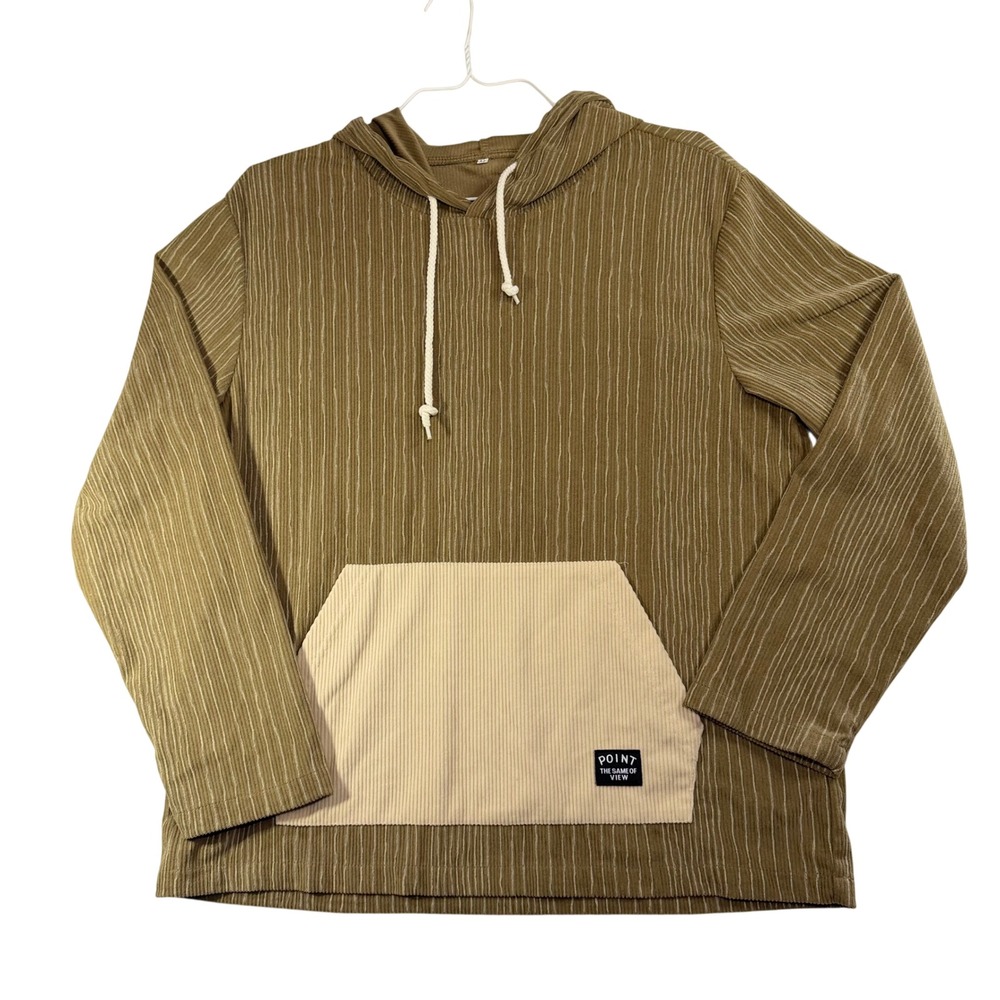 Point The Same Of View Mens‎ Striped Hoodie Olive Green Corduroy Pocket Medium